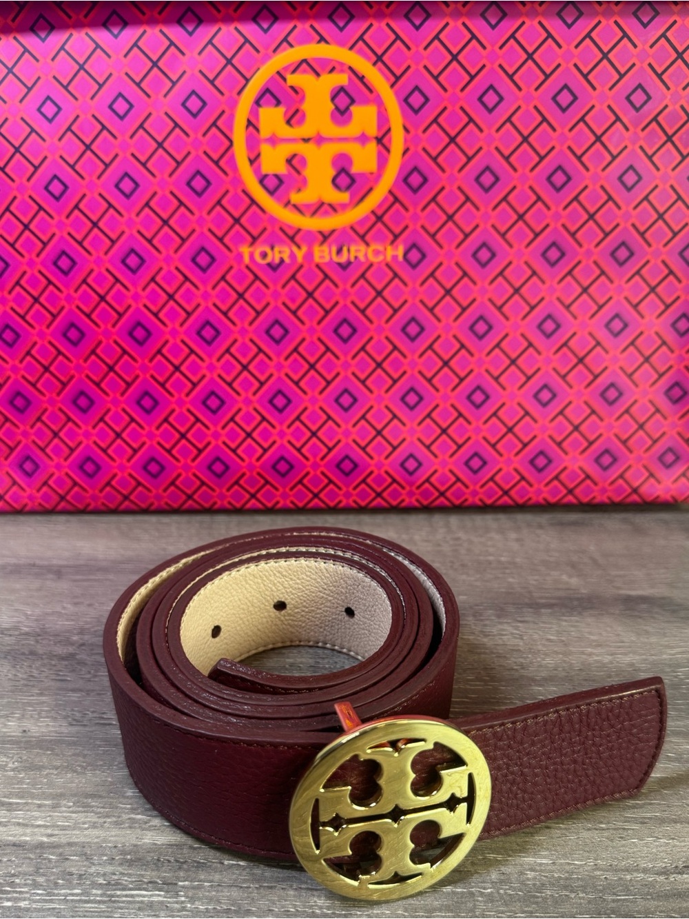 Tory Burch Miller 1.5” Burgundy/Cream Reversible Leather Gold Logo Belt $230